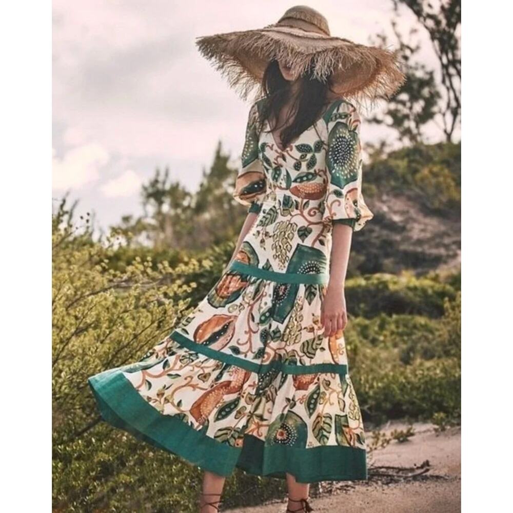 Alexis Pierah‎ Maxi Dress Womens L Jade Garden Fruit Linen Blend A-Line Resort - Picture 2 of 9